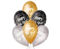 Balloons Gemar 12", pastel premium "happy new year", gold, silver and black, 6pcs
